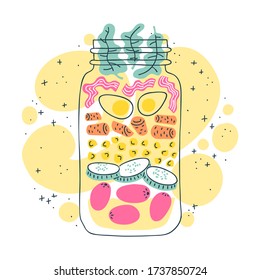 Salad In A Jar - Cobb Salad. Meal Prep, Make Ahead Lunch. Colorful Hand-drawn Vector Illustration. Pastel Color Palette, Isolated On White Background.