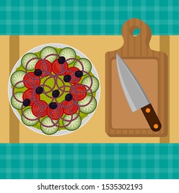 Salad with a knife on a cutting board. Food preparation - Vector illustration
