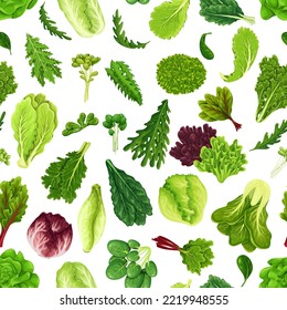 Salad leaf set seamless pattern vector illustration. Cartoon isolated mix of green vegetables and raw leaves of plants, organic vitamin ingredients collection for cooking healthy leafy salad