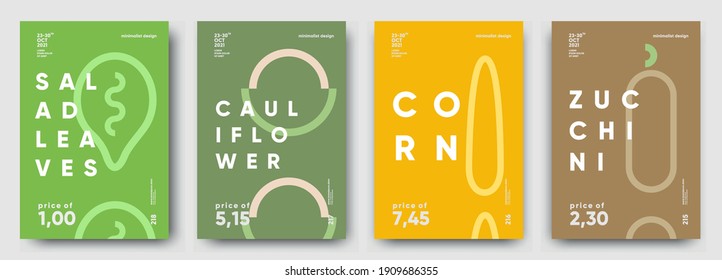 Hojas de ensalada, coliflor, maíz, Zucchini. Precio, etiqueta o afiche. Afiches, verduras y hierbas en un diseño minimalista. Ilustración vectorial plana. 