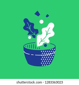 Salad leaves falling in bowl, nutrition food, healthy diet, fast and easy recipe, meal preparation, vector flat illustration