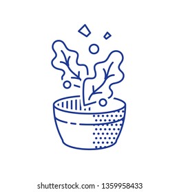 Salad leaves falling in bowl, nutrition food, healthy diet, fast and easy recipe, meal preparation, vector line icon, linear illustration