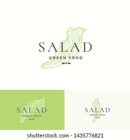 Salad Lettuce Abstract Vector Sign, Symbol or Logo Template. Premium Vegetable or Green Food Emblem. Hand Drawn Salad Leaf Sketch Illustration with Modern Typography. Isolated.