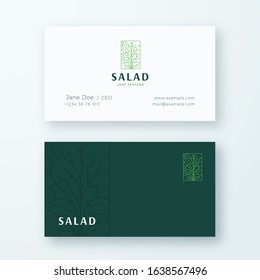 Salad Lettuce In A Frame Abstract Vector Sign Or Logo And Business Card Template. Premium Stationary Realistic Mock Up. Vegetable Or Green Food Emblem With Modern Typography. Isolated.