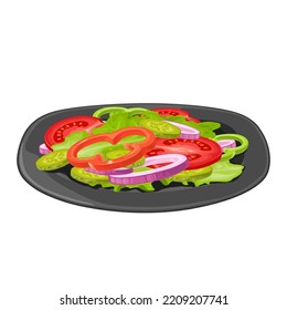 Salad with lettuce, onion, tomato, cucumber on plate. Vector color illustration for poster, menu, web, banner, icon. Isolated on white background