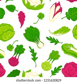 Salad lettuces and cabbage vegetables seamless pattern. Vector background of cauliflower, kohlrabi or broccoli cabbage, iceberg salad leaf and oakleaf with chicory and arugula