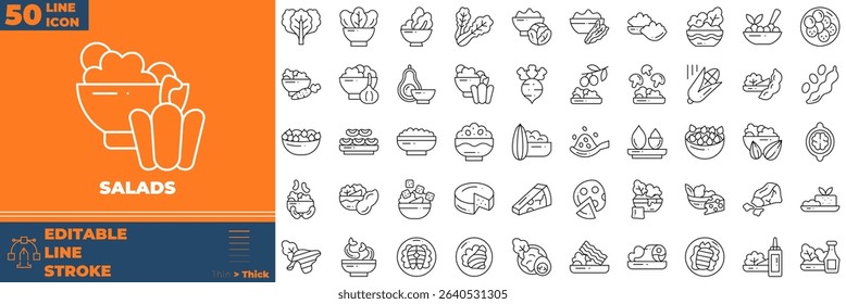Salad Line Editable Icons set. Vector illustration in modern thin line style of salad icons: bowl, leaf, nature, etc