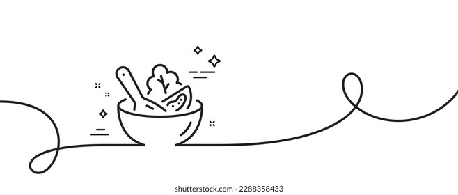 Salad line icon. Continuous one line with curl. Vegetable food sign. Healthy meal symbol. Salad single outline ribbon. Loop curve pattern. Vector