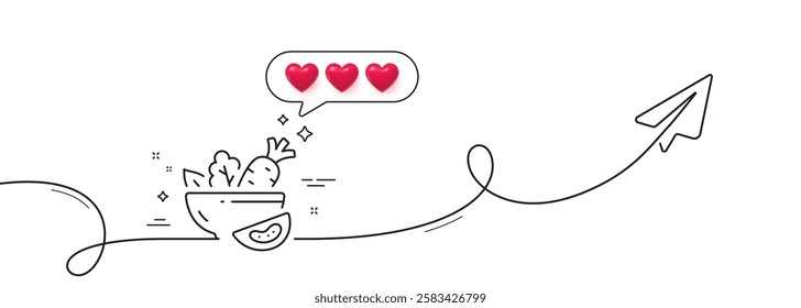 Salad line icon. Continuous line with share plane. Vegetable food sign. Healthy meal symbol. Hearts rate review in speech bubble. Salad single line ribbon. Loop curve pattern. Vector