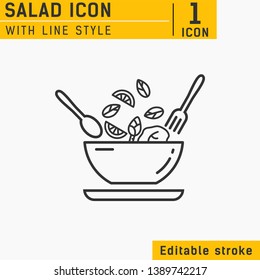 Salad Line Icon. Food dish recipe, nutrition concept, salad ingredients, vector mono line icon. Salad and bowl line icon. Healthy vegetables food and bowl nature. Editable stroke