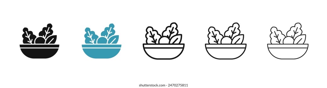 Conjunto de iconos de línea de ensalada. icono de Vector de ensaladera de frutas y verduras saludables. signo de dieta a base de plato vegetariano. icono de ensalada de lechuga y zanahoria para diseños de UI.