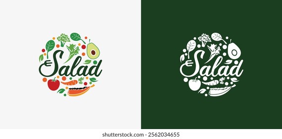 Salad logo design template with vector icons of vegetables and fruit, health food menu logo