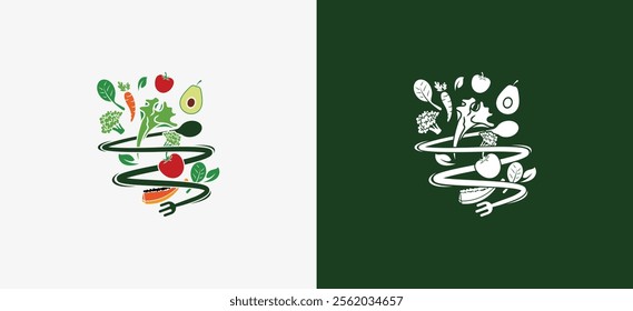 Salad logo design, vector illustration of vegetables and fruit with a creative swirl concept