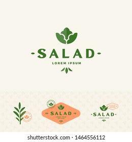 Salad Lorem Boutique Abstract Vector Sign, Symbol or Logo Templates Set. Premium Lettuce Vegetable or Green Food Emblems with Modern Typography, Decorative Elements and Background Pattern. Isolated.