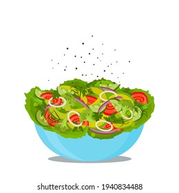 Salad made from lettuce, avocado, onion, tomato, seeds and other vegetables. the concept of correct and healthy nutrition. vector illustration isolated on white background