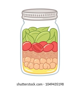 Salad in mason jar, healthy vegan lunch idea. Cute hand drawn meal prep with vegetables, beans and dressing.