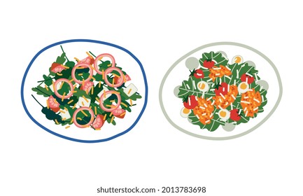 Salad with Mixed Greenery, Sliced Onion and Tomato Served on Plate Above View Vector Set