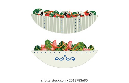 Salad with Mixed Greenery and Tomato Served in Bowl Vector Set