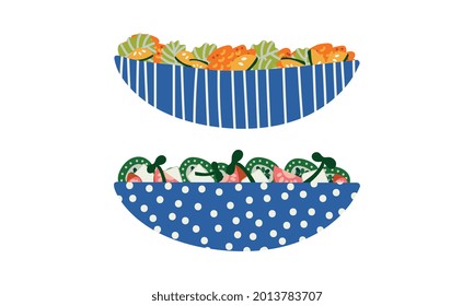 Salad with Mixed Greenery and Tomato Served in Bowl Vector Set