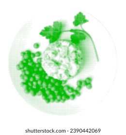 Salad olivier, green peas on plate isolated, from red circle dots of different sizes on white background