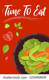 Salad on bright background in flat design style. Doodle elements. Flat food - salad. Time to eat. Vector illustration.