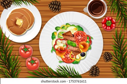 Salad and pancake close up on desk background with some vegetable props illustration