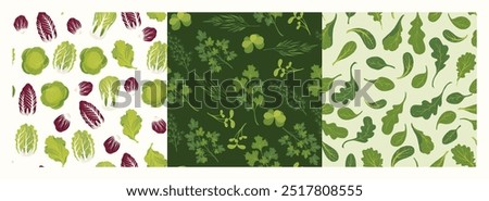 Salad patterns. Seamless print of green vegetable leaf mix, vegan food background for wrapping paper green fresh food textile fabric. Vector texture set.
