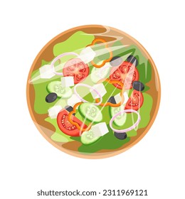 Salad in a plastic container or tray with cellophane cover. Food mockup. Cardboard cup with lid. Top view. Vector illustration in trendy flat style.