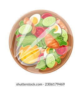 Salad in plastic tray vector illustration. Cartoon isolated round disposable container with clear cover and takeout meal, salad with vegetable and grilled meat from culinary department of supermarket