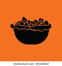 Salad in plate icon. Orange background with black. Vector illustration.