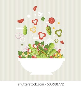Plato de ensalada.Ingredientes. Ilustración vectorial.