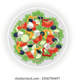 Salad plate. Traditional greek salad. Cucumbers, tomatoes, feta cheese, olives, lettuce leaves, peppers and onions. green vegetable salad vector illustration.