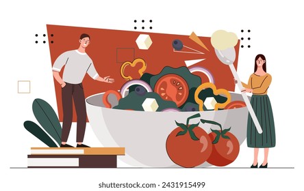 Concepto de preparación de ensalada. Hombre y mujer cerca de tazón con verduras. Alimentación saludable con vitaminas. Dieta y nutrición adecuadas. Ilustración plana del vector de la historieta aislada sobre fondo blanco