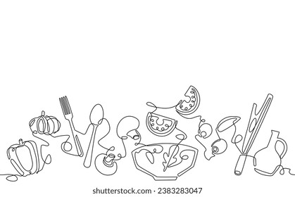 Proceso de preparación de ensaladas. Antecedentes con alimentos y utensilios. Ilustración vectorial de cocina. Patrón horizontal en el estilo de dibujo de línea continua sobre tema culinario.