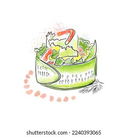 Salad for restaurant menu. Vegetable with cucumbers and lettuce, beautiful serving. Vector watercolor image of food, doodle