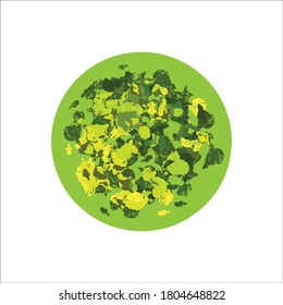 Salad round abstract composition. Global planet isolated on white background. Ecological element. Environment poster. Salad food, green plate. 
