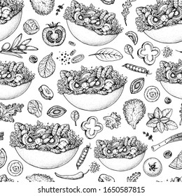 Salad Seamless Pattern. Bowl Of Salad Background. Vegan Food. Hand Drawn Sketch. Packaging Design Template.