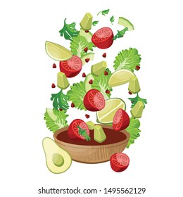 Salad set with different vegetables like a cherry tomato, avocado, pomegranate, and parsley. Salad and ingredients. Salad food menu design template. Vector.