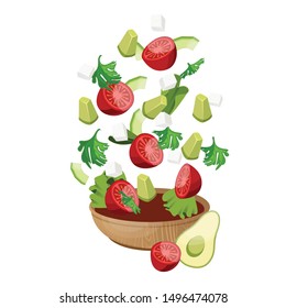 Salad set with different vegetables like a cherry tomato, avocado, feta, and parsley. Salad and ingredients. Salad food menu design template. Vector.