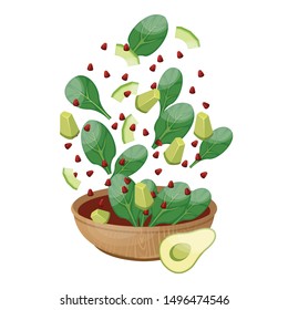 Salad set with different vegetables like spinach, avocado, and pomegranate. Salad and ingredients. Salad food menu design template. Vector.