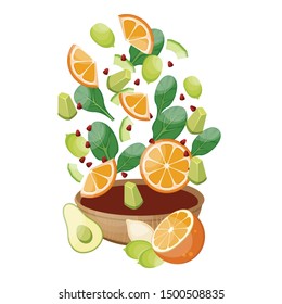 Salad set with different vegetables like spinach, orange, pumpkin seeds, and avocado. Salad and ingredients. Salad food menu design template. Vector.