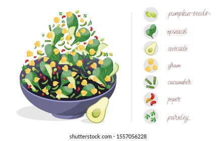 Salad set with different vegetables like spinach, pumpkin seeds, chickpeas, avocado, cucumber, pepper and parsley. Salad and ingredients. Salad food menu design template. Vector.