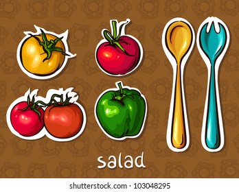 salad set. tomato, pepper, spoon and fork. taste of summer, vector illustration