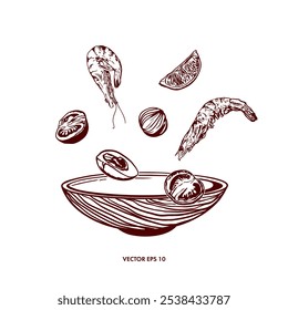 Salad. Shrimps, tomatoes, lemon, egg, plate. Hand drawn vector illustration in graphic style. Cafes menu design, recipes, cookbooks, posters, banners.