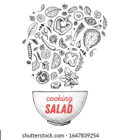 Salad sketch. Food illustration. Cooking salad design. Food menu elements. Hand drawn. Flying salad concept. Vector illustration on white background. Healthy and organic food. Vegan menu.