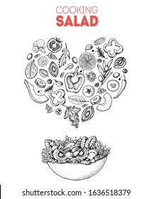 Salad sketch. Heart salad concept. Food illustration. Cooking salad design. Food menu elements. Hand drawn. Vector illustration on white background. Healthy and organic food. Vegan menu. 