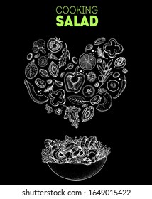 Salad sketch. Heart salad concept. Food illustration. Cooking salad design. Food menu elements. Hand drawn. Vector illustration on white background. Healthy and organic food. Vegan menu.