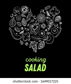 Salad sketch. Heart salad concept. Food illustration. Cooking salad design. Food menu elements. Hand drawn. Vector illustration on white background. Healthy and organic food. Vegan menu.