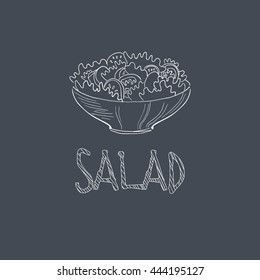 Salad Sketch Style Chalk On Blackboard Menu Item Vector Illustration Hand Drawn On Dark Background