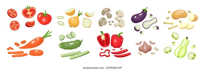 Salad slice. Vegetable pieces. Tomato and carrot chopping. Food icon. Cutting knife for cooking ingredients. Fresh products. Meal preparation. Recipe for kitchen. Ripe pepper or onion. Vector tidy set